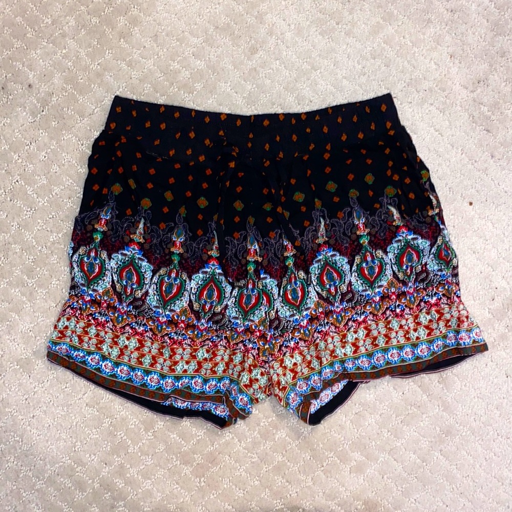 Breeze Ever Loose High Waisted Boho Print Rayon Shorts Black Medium